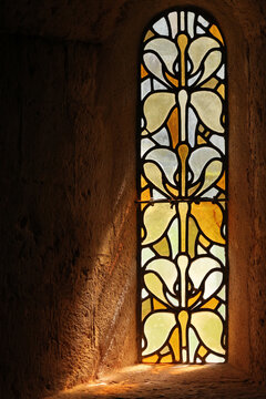 Le Thoronet, cistercian Abbey Le Thoronet, 12th century cistercian abbey in Provence.  Stained glass. France.
