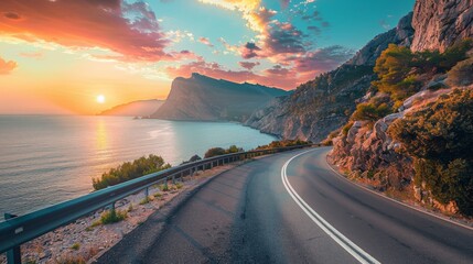 highway landscape at colorful sunset. road view on mediterranean coast of spain. coastal road landscape beautiful nature scenery. car driving on mountain road by the sea. summer vacation on the beach