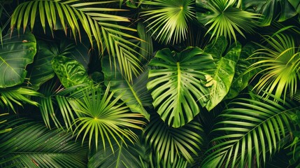 Tropic pattern with palm summer plant in nature. Leaves background green floral, jungle wallpaper exotic seamless. Spring foliage texture design. 