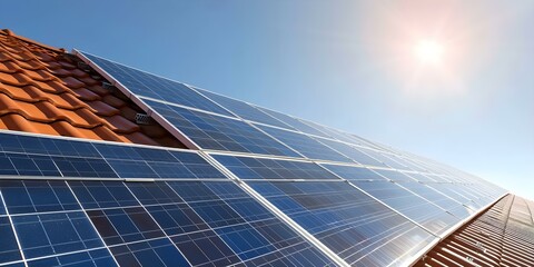Obraz premium Rooftop solar panels symbolize financial savings and renewable energy in a home. Concept Renewable Energy, Savings, Eco-Friendly, Home Improvement, Rooftop Solar Panel