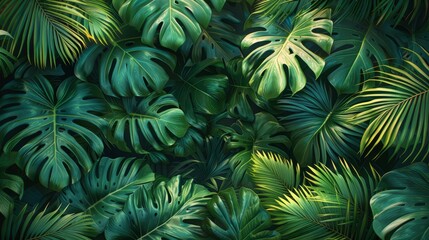 Fototapeta premium Tropic pattern with palm summer plant in nature. Leaves background green floral, jungle wallpaper exotic seamless. Spring foliage texture design. 