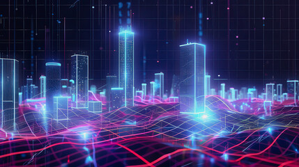 Fototapeta premium Futuristic cityscape with glowing skyscrapers and digital waves of blue and pink light