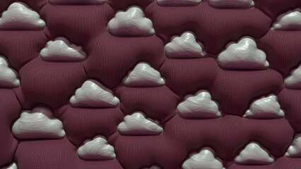 A 3D animation of textured, inflated, pink and white cloud shapes in a seamless pattern.