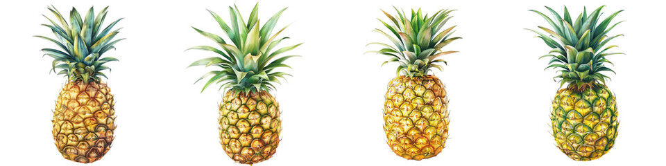 Fototapeta premium Watercolor Illustration of Four Pineapples Isolated on White Background, PNG File