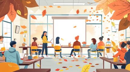 Teacher explaining a lesson in an autumndecorated classroom, students paying attention with autumn leaves on their desks, Fall Learning Environment, Interactive Education