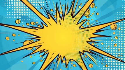 Comic pop art style yellow explosion halftone on a blue background with space for text