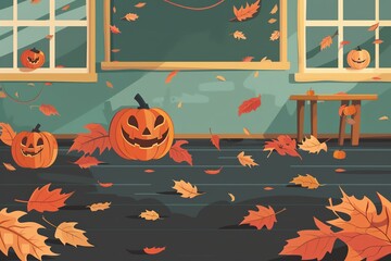 Classroom floor with scattered leaves and Halloween decorations, flat design illustration