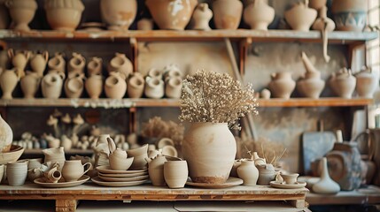 "Pottery items displayed in the studio."





