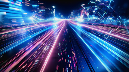 Futuristic cityscape with glowing skyscrapers and digital waves of blue and pink light