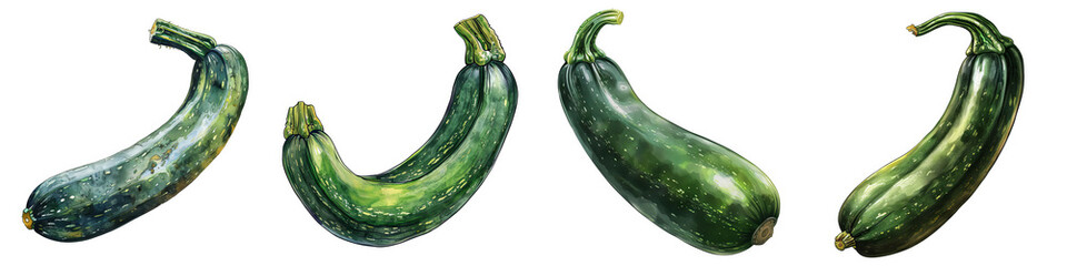 Watercolor Illustration of Four Green Zucchini Isolated on White Background, PNG File