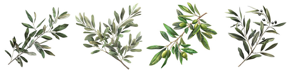Olive Branch with Green Olives - Set of Four Illustrations - Isolated on White Background, Png File