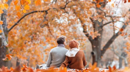 Couple sitting on a blanket under a tree, sharing a moment of autumn season, Intimate Romance