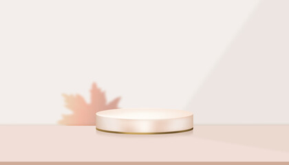 Studio Background,3d Beige Podium with Light,Shadow on White Wall and Peach floor,Backdrop interior Display Room with Stage Stand for Cosmetic product present,Fall season Sale,Online Shop in Autumn