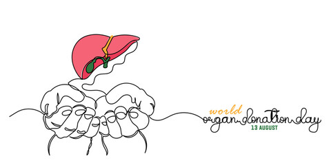 World Organ Donation Day with lungs for Transplantation, line art Hand holding human realistic liver, heart, kidneys, lungs. World Organ Donation Day is on the 13th of August. template Design 