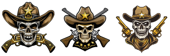 Set of intimidating sheriff skull face mascot logo with gleaming golden tone weapons, isolated on a transparent background