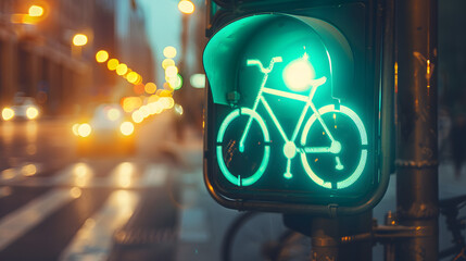 A brightly illuminated bicycle traffic light against a blurred city night backdrop. The image highlights urban infrastructure supporting cycling and the importance of safe biking conditions.
