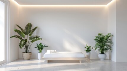 Fototapeta premium Interior of a modern, bright beauty salon with treatment bed beauty parlour interior modern bright serene calming decor clean aesthetic minimalistic tranquil spa wellness therapy