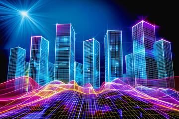 High-tech urban landscape with illuminated skyscrapers and neon digital waves at night