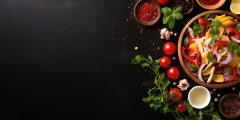 Fresh Colorful Salad with Ingredients on Black Background