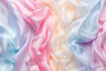 Obraz premium Soft, flowing fabric in pastel shades of pink, blue, and cream creates a delicate, ethereal texture with gentle folds and waves.