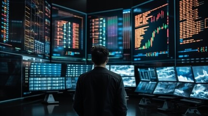 Businessman analyzing digital stock market chart on blue and black background, investment concept