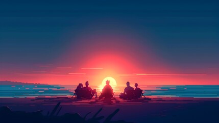 Peaceful Bonfire Gathering at Picturesque Pixelated Beach at Retro Sunset