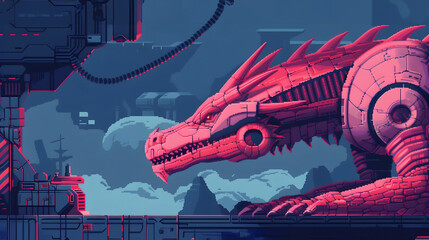 Obraz premium Retro 8-bit Dragon Battles Robotic Enemies in Futuristic Sci-Fi Landscape