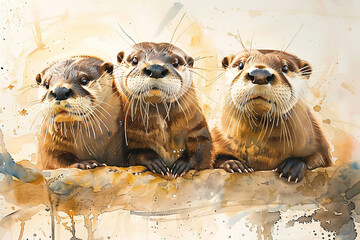 Joyful Otter Family: Playful and Curious Creatures Immortalized in Whimsical Watercolor, Captured with Prime Lens and Natural Light