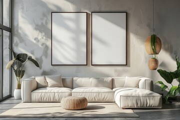 Two vertical ISO A1 frame mockup, reflective glass, mockup poster on the wall of living room. Interior mockup. Apartment background. Modern Japandi interior design. 3D, Generative AI