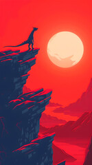 Retro Pixel Art Dragon Silhouette on Alien Landscape at Sunset