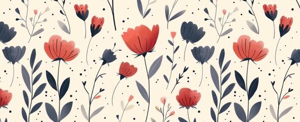 Seamless pattern with flat vector illustration of cute flowers in red and navy blue on beige background.