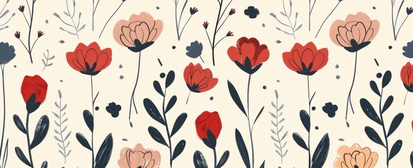 Seamless pattern with flat vector illustration of cute flowers in red and navy blue on beige background.