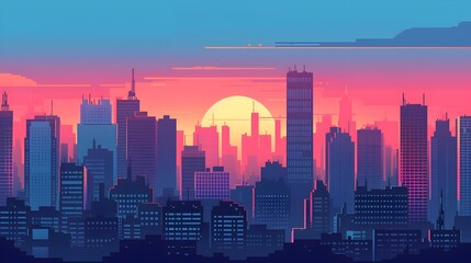 Fototapeta premium Retro Pixelated Skyscraper Cityscape at Dramatic Sunset Skyline