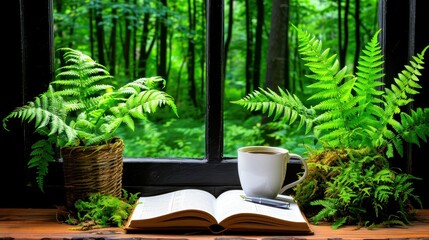 Cozy indoor setup with an open book, a coffee cup, and potted ferns by the window with a lush green forest view in the background.