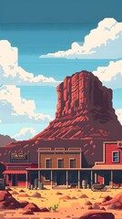 Vintage 8-Bit Cowboy Town in Pixelated Desert Landscape with Saloon and Rocky Mountains