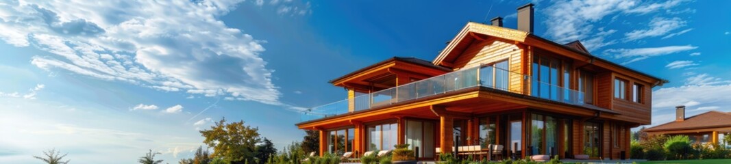 Luxurious Wooden Villa with Garden and Blue Sky