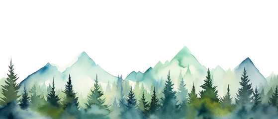 Watercolor mountains spruce trees landscape forest border, spring, summer, awakening of nature, isolated illustration transparent background, wedding invitation, Generative ai