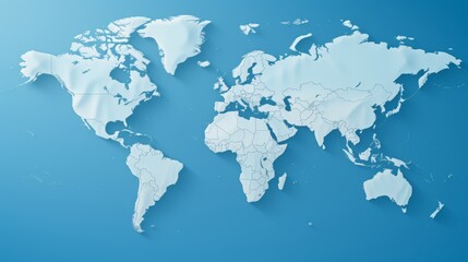 Simplified 3d world map on soft blue gradient background with minimalist representation of earth