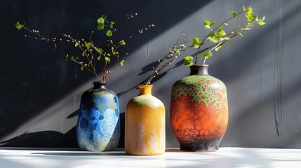  little green branches with harsh shadow on white table and black wall