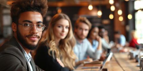 Obraz premium Group of business people working with technology at a meeting in a conference room