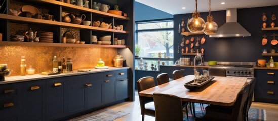 Modern Kitchen with Dark Blue Cabinets and Warm Lighting