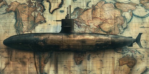 Fototapeta premium Vintage Submarine on Antique World Map