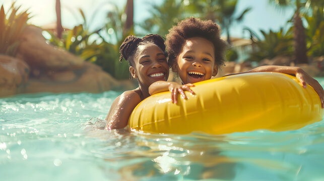A smiling mother and her joyful child enjoy floating on a yellow inner tube in a lazy river at a tropical water park. Surrounded by lush greenery, they bask in the sunlight and have fun.