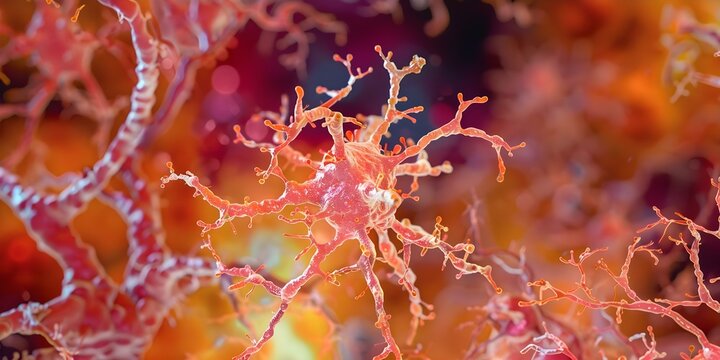 Detailed closeup image of human brain astrocyte cell among neurons. Concept Cell Biology, Brain Cells, Neurobiology, Anatomy, Histology