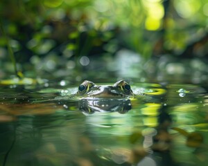 A beautiful green frog submerged up to the eyes in the water of a lake in the wild