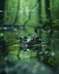 A beautiful green frog submerged up to the eyes in the water of a lake in the wild