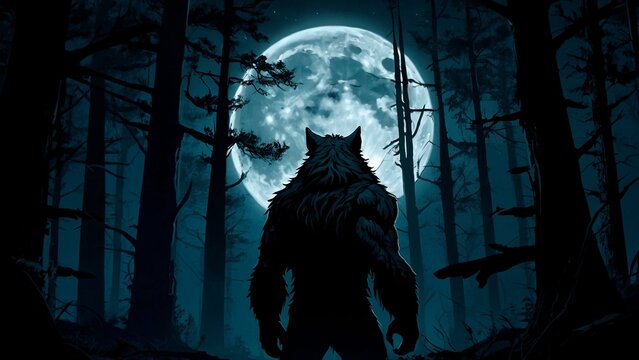 A silhouette of a werewolf  standing in the dark forest under the light of full moon. Mythical monster creature fantasy illustration concept wallpaper.