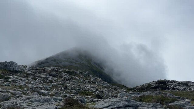 Misty clouds drift across Croagh Patrick, county Mayo, Ireland