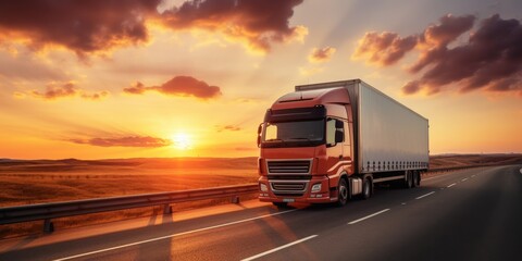 Semi Truck Driving on Highway at Sunset