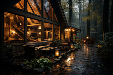 Fototapeta premium A cozy cabin in the woods, surrounded by silence and the rustling of leaves. Concept of seclusion and rustic retreat. Generative Ai.
